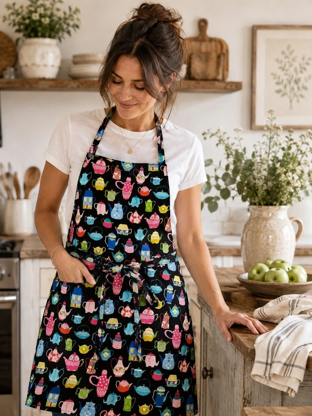 Apron-Colorful Cotton Teapot/Tea Cup Print -Black Full Bib Kitchen Hostess Apron